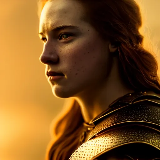 Prompt: attractive, aesthetically pleasing young woman portrait, partially clothed in metal-plated battle armor, atmospheric lighting, painted, intricate, volumetric lighting, beautiful, golden hour, sharp focus, ultra detailed, by Leesha Hannigan, Ross Tran, Thierry Doizon, Kai Carpenter,Ignacio Fernández Ríos