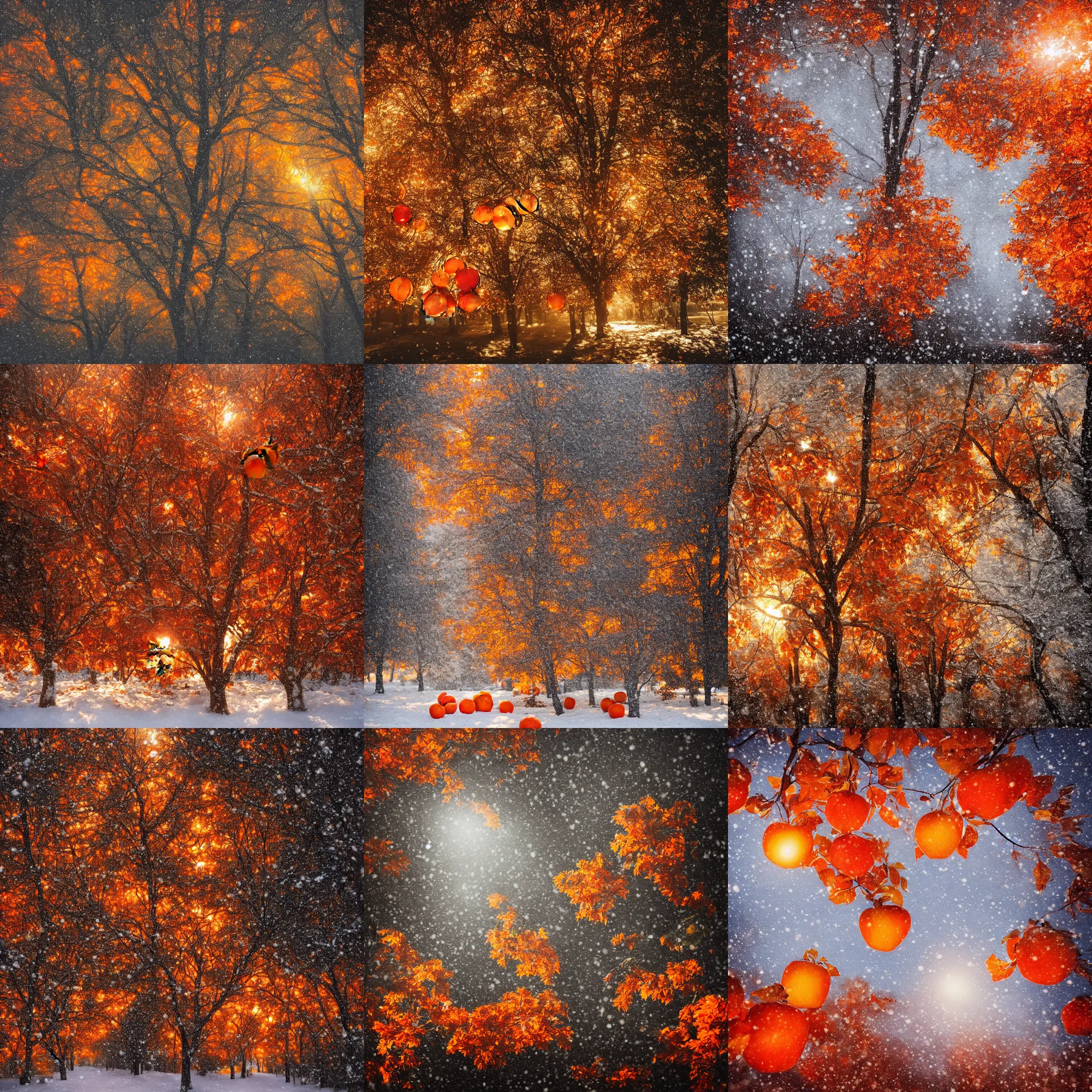 Prompt: the fall season, orange lighting, trees with apples, elegant, dramatic lighting, graphic art, volumetric lighting, sharp focus, detailed, snowing