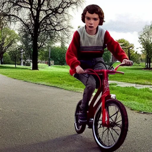 Prompt: eleven from stranger things riding a bike