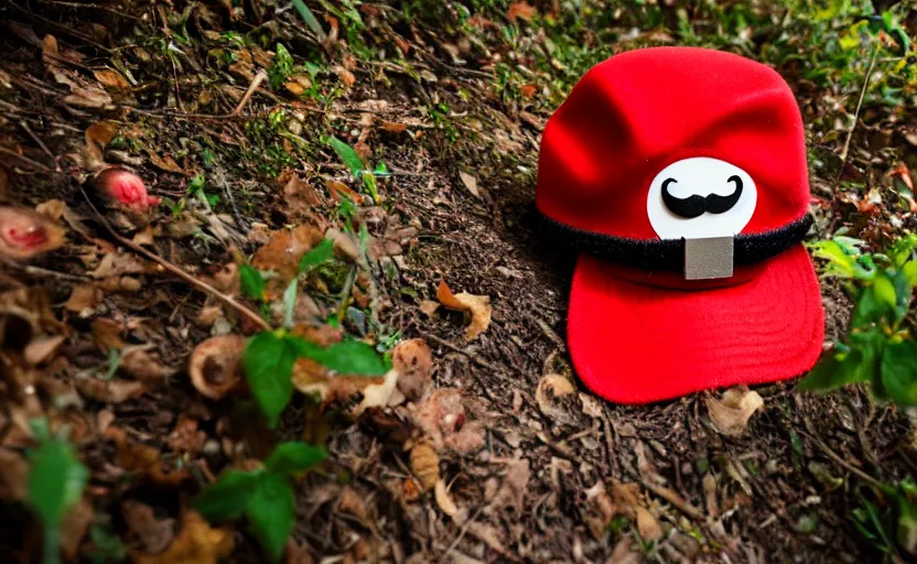 Image similar to italian man with a mustache dressed as mario wearing a solid red mario hat, crawling on the ground, eyes rolled back, licking a red mushroom with white spots, in a forest, photography, 5 0 mm lens, f 1. 8