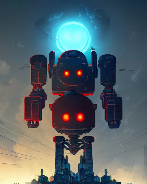 Image similar to giant robot with ominously glowing red eyes stands on top of city that is on fire, concept art, intricate details, highly detailed, in the style of pascal blanche