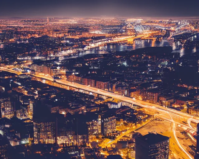 Image similar to a view of a city from a distance at night, a matte painting by konstantinas ciurlionis, featured on unsplash, synchromism, photo taken with nikon d 7 5 0, high dynamic range, nightscape