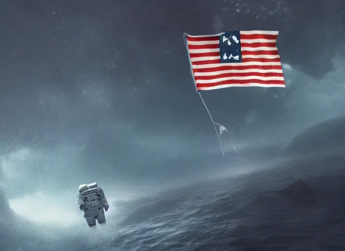 Image similar to astronaut underwater holding a flag in the bottom of the ocean. a submarine is visible in the distance. dark, concept art, cinematic, dramatic, atmospheric, 8 k, trending on artstation, low visibility, fog, ocean floor, christopher nolan, interstellar