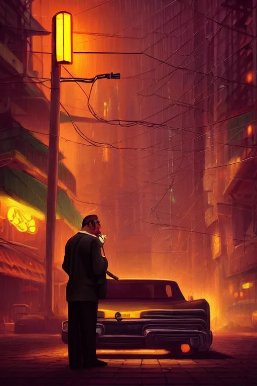 Image similar to A mafia boss lighting a cigar in a cyberpunk setting, by Evgeny Lushpin, dramatic lighting, high contrast colours, as trending on Artstation, highly detailed,