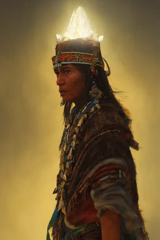 Prompt: aztec priest, close - up portrait, devoted, intricate, elegant, volumetric lighting, scenery, digital painting, highly detailed, artstation, sharp focus, illustration, concept art, ruan jia, steve mccurry