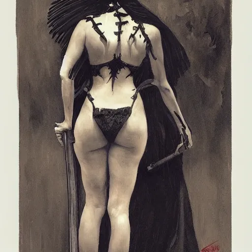 Prompt: Back view of the grim reaper as a beautiful woman, thin black lingerie, classy, long detailed ornate scythe, elegant, posing, vintage shading, award winning, by Ilya Repin and Dave McKean, deviant art
