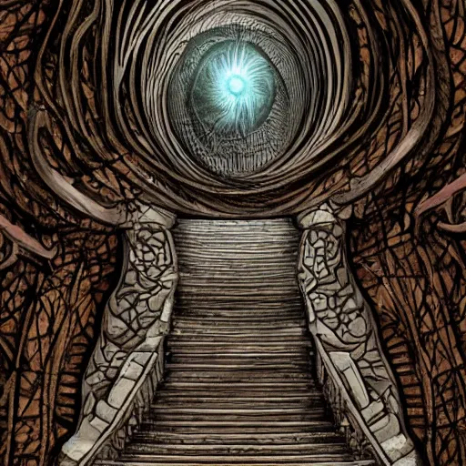 Image similar to stairs into a portal full of lovcraftian creatures