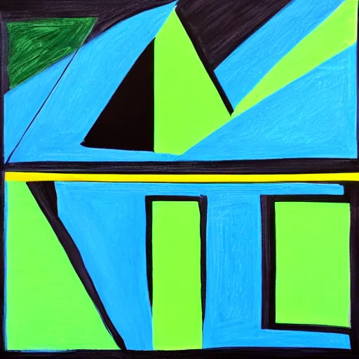 Prompt: painting, rectangle and triangle shapes ( colors : blue, yellow, green ), divided by black lines