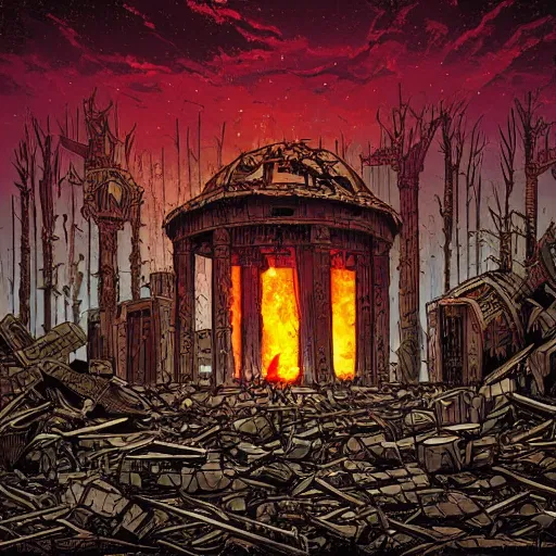 Prompt: a bloody sacrificial alter in ruins by Dan Mumford. Post apocalyptic