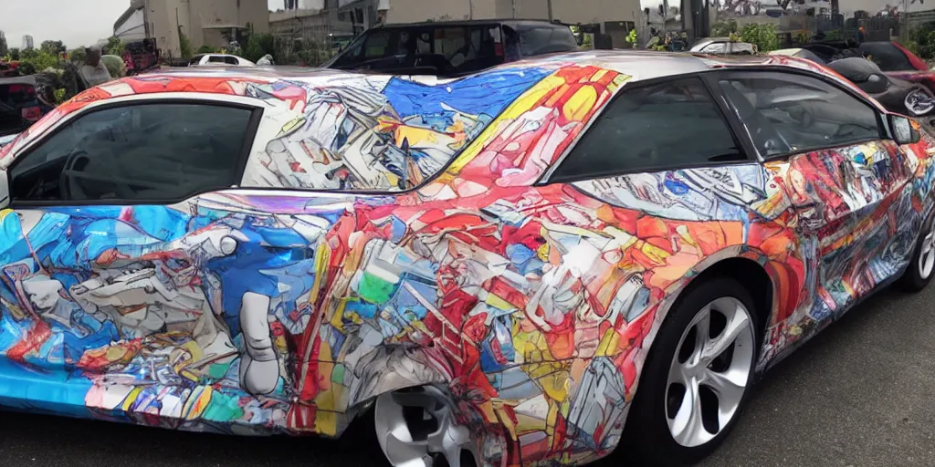 Image similar to side shot, anime car wrap, muscular Bernie sanders