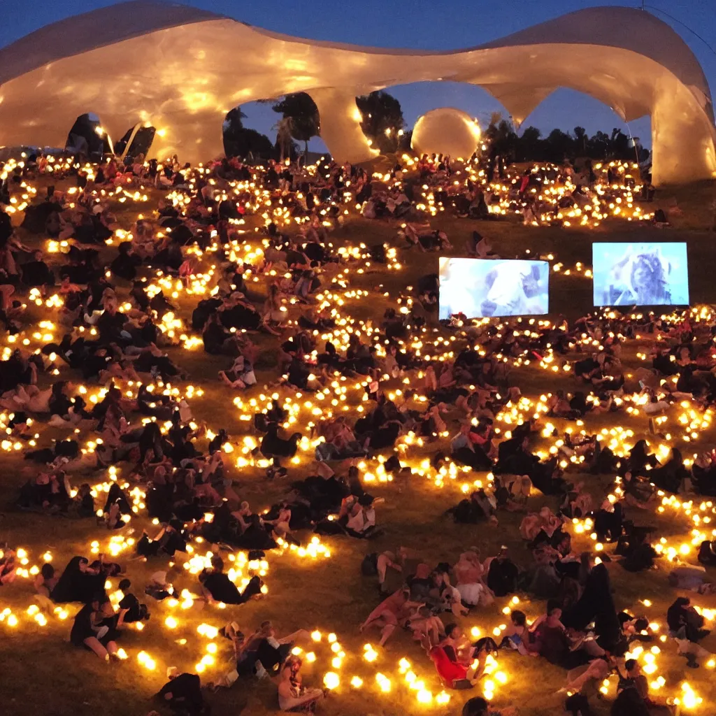 Image similar to outdoor cinema with giant popcorn kernels at night