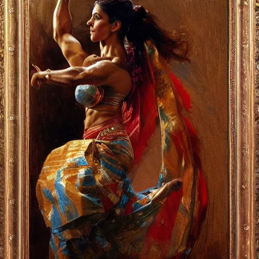 Prompt: a fit and muscular woman wearing sari dancing from side. highly detailed painting by gaston bussiere, craig mullins, j. c. leyendecker 8 k