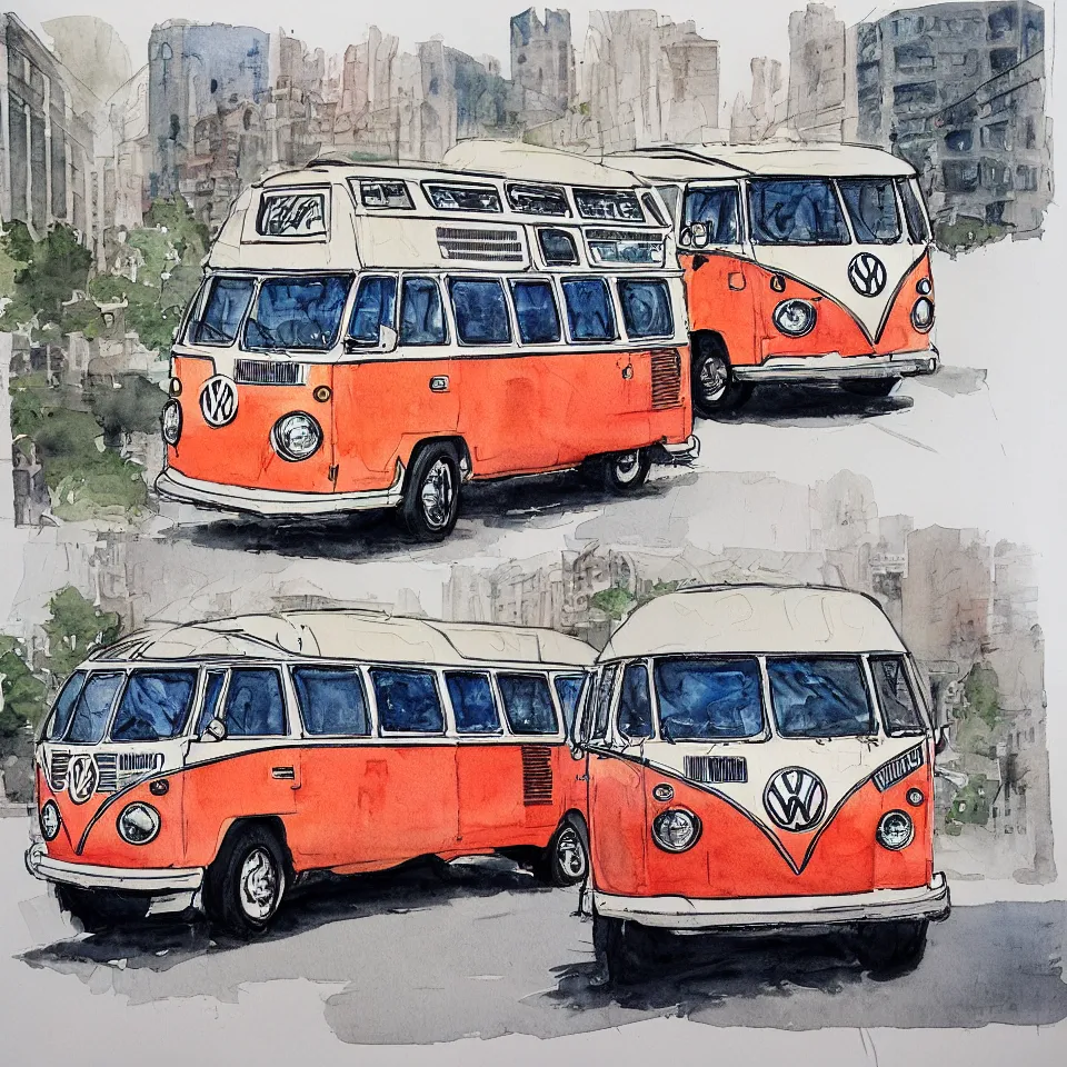 Image similar to a detailed watercolor sketch of vw bus in new york city