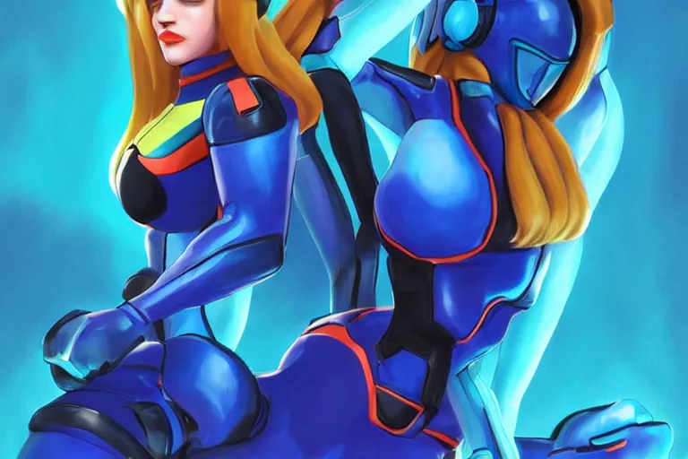 Prompt: Kat Dennings as Zero suit samus from Metroid by Mandy Jurgens and Artgerm and william-adolphe bouguerea, highly detailed, trending on artstation, award winning, H 768