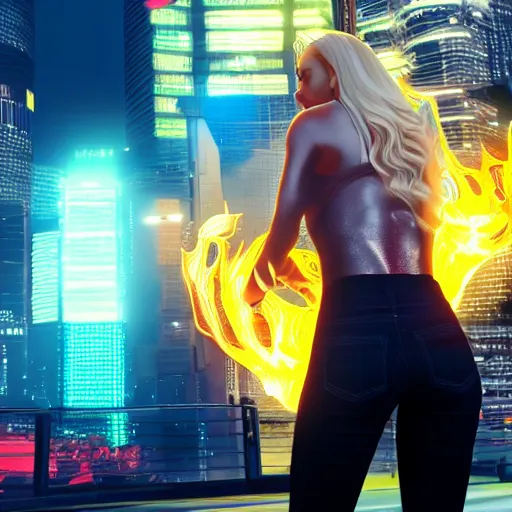 Image similar to beautiful young blonde woman from behind with color flames coming out of hands flying in a cyberpunk city, very detailed, realistic, symmetrical face, art by gta 5,