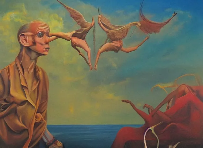 Prompt: a realistic surrealist oil painting that depicts the lyrics : your touch divides i see distance in in your eyes please sing me to sleep tonight