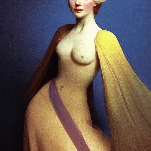 Image similar to young woman's face, her hair is white and she wears a cobalt blue duchesse satin cloak, by moebius and syd mead and roger dean and gaston bussiere and ivan aivazovsky and aelbert cuyp and willem claesz and pieter claesz and paul delaroche and alma tadema, hyperrealistic, volumetric light, octane