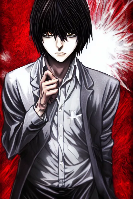 Image similar to light yagami, highly detailed, digital art, sharp focus, trending on art station, red eyes, death note, anime art style