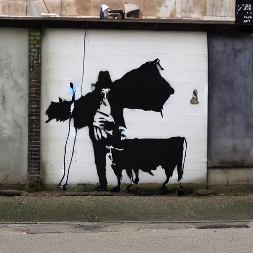 Prompt: a grim reaper walking a cow with a rope in the style of banksy