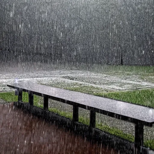 Prompt: image of a large modern bench in the rain, the bench being the main focus, facing at the camera, 1 6 k resolution, raining, trees in the background, mid - winter, slightly zoomed out