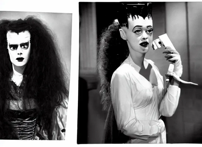 Prompt: instant photo, bride of frankenstein ( 1 9 3 5 ) as teen, still from the movie beetlejuice, cinematic, 1 9 7 0's movie still