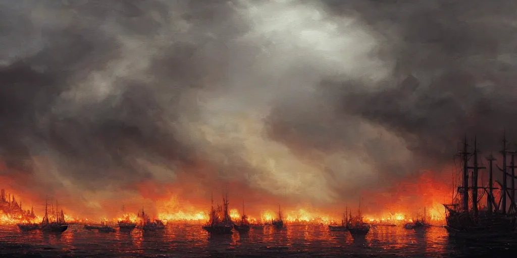 Prompt: Hyper realistic oil painting of several medieval ships burning brightly, pillars of dark smoke rising from the ships, fire in the background, stormy weather, dark clouds, fog, moody cinematic lighting, atmospheric, dark, by Greg Rutkowski, trending on artstation