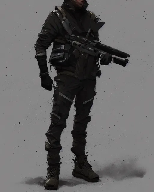 Image similar to Medium shot of a character wearing techwear in the style of greg rutkowski