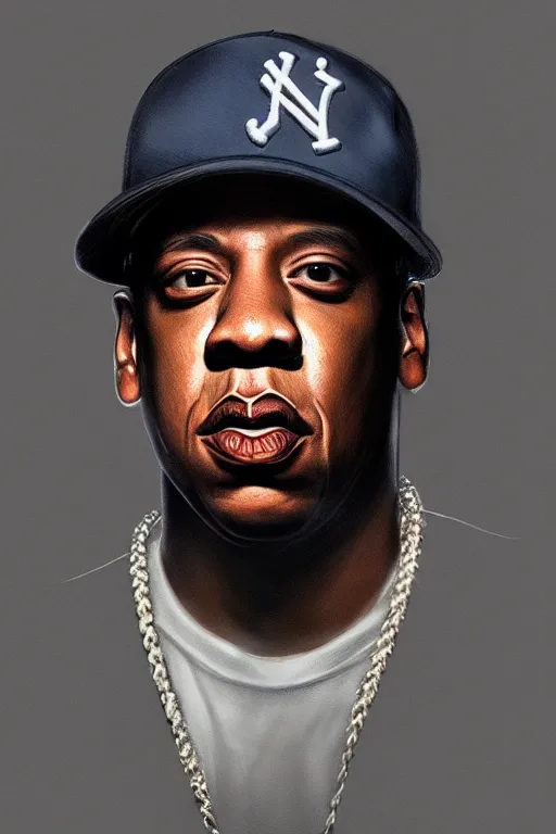 Image similar to portrait of jay - z with ny baseball hat, staring directly into camera, intricate, elegant, glowing lights, highly detailed, digital painting, artstation, sharp focus, illustration, art by wlop, mars ravelo and greg rutkowski