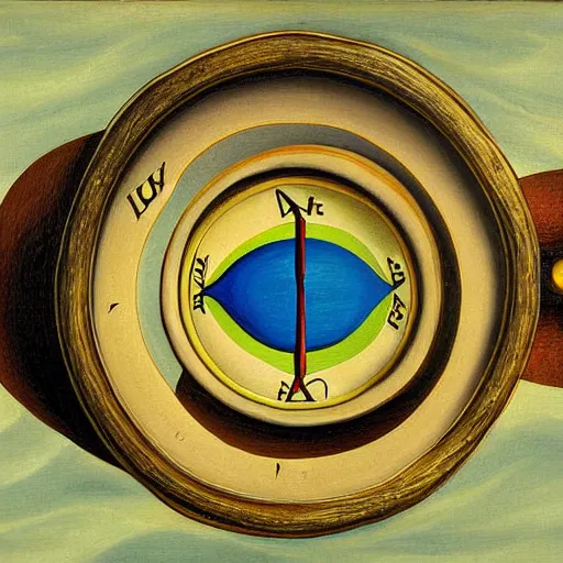 Prompt: a surreal painting of A melting compass and a whale, in the style of Salvardor Dali