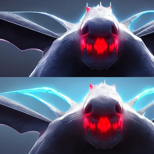 Image similar to front and back character view of scary giant mutant dark blue humanoid bat, glowing red eyes flying above a stormy ocean, sharp teeth, acid leaking from mouth, realistic, giant, bat ears, bat nose, bat claws, bat wings, furred, covered in soft fur, detailed, trending on artstation clean concept art and sheet that using unreal engine 5 render and hyper detailed 3D texture with cinematic software light 85mm f/1.4