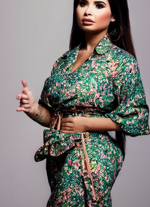 Prompt: portrait of demi rose wearing batik shirt, by francis giancobetti, natural light, detailed face, canon eos c 3 0 0, ƒ 1. 8, 3 5 mm, 8 k, medium - format print