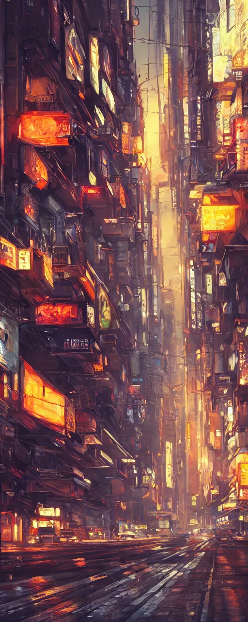 Image similar to an epic painting of the city street, oil on canvas, cold colors, perfect composition, golden ratio, beautiful detailed, photorealistic, digital painting, artstation, concept art, smooth, sharp focus, illustration, cyberpunk background, artstation trending, octane render, unreal engine