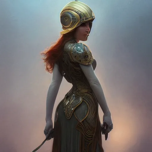 Image similar to pale skinned woman wears a metal helmet, fog, volumetric lighting, intricate, elegant, highly detailed, digital painting, artstation, concept art, smooth, sharp focus, art nouveau, art by artgerm and greg rutkowski and alphonse mucha