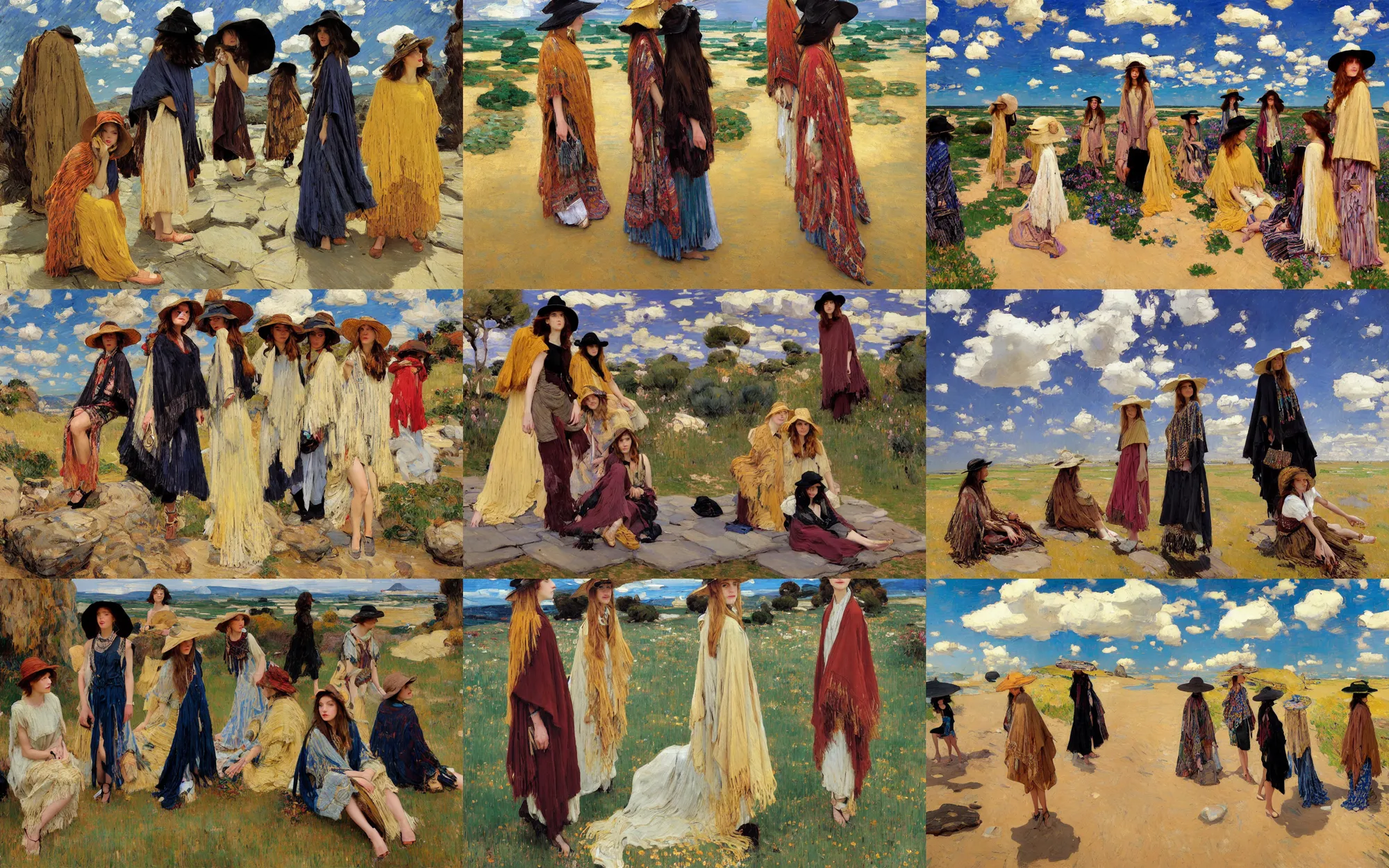 Prompt: portrait of group of fashionable young womans wearing rich jewerly hat and boho poncho, sitting and standing pose on the stones, dynamic poses, Low poly, thunder clouds in the sky, artwork by Joaquin Sorolla and john william waterhouse and Denis Sarazhin and klimt and rhads and van gogh and Dean Ellis and Detmold Charles Maurice, levitation, industrial rusty pipes, simple form, brutal shapes