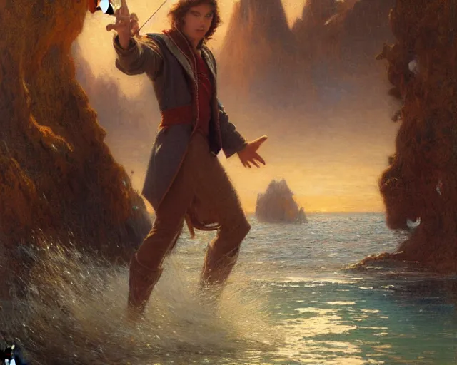 Image similar to attractive male wizard casting powerful wave water spell in a beautiful lake. highly detailed painting by gaston bussiere, craig mullins, j. c. leyendecker 8 k