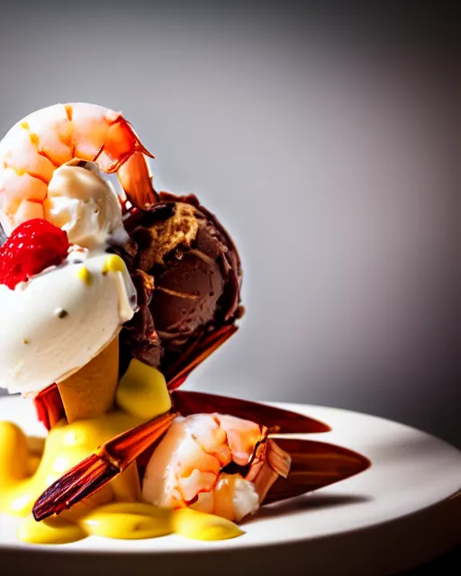 Image similar to dslr food photograph of an ice cream sundae with a shrimp on. 8 5 mm f 1. 4