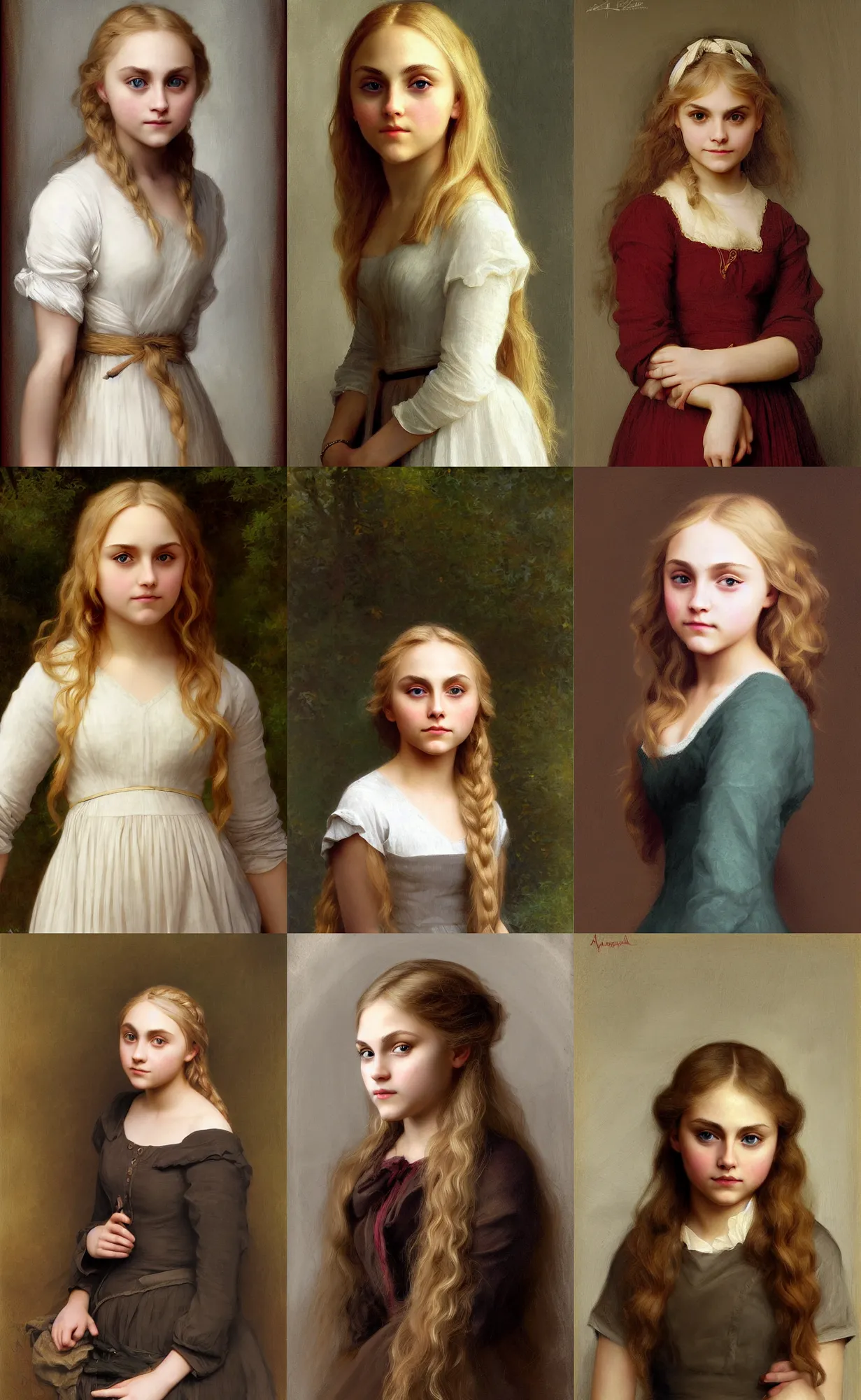 Prompt: portrait 12 yo annasophia robb wearing ecru houpelande , long blond hair, hd digital painting, bouguereau