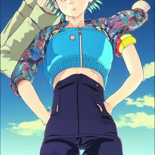 Image similar to a beautiful! boyish! natalie portman as bulma alluring gravure! model, wearing hip hop mayan bomber jacket and leotard with native style overalls, bulky poofy bomber jacket with mayan patterns, guilty gear art style, trending on pixiv, painted by makoto shinkai takashi takeuchi studio ghibli, akihiko yoshida