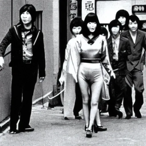 Image similar to 1 9 7 0 s japanese tv show, body - horror, bw, mechanical inhuman monsters walking the streets of shinjuku,