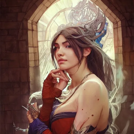 Prompt: Three quarters portrait of a female sorceress, highly detailed, digital painting, art by Stanley Lau and Artgerm and Greg Rutkowski and Alphonse Mucha, artstation, cgsociety, RPG portrait, Dungeons & Dragons