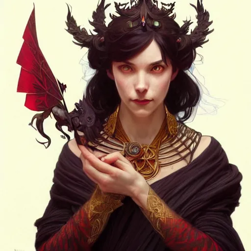 Image similar to Portrait of jovial female wizard, D&D, red eyes, face, short black hair, fantasy, intricate, elegant, highly detailed, digital painting, artstation, concept art, smooth, sharp focus, illustration, art by artgerm and greg rutkowski and alphonse mucha