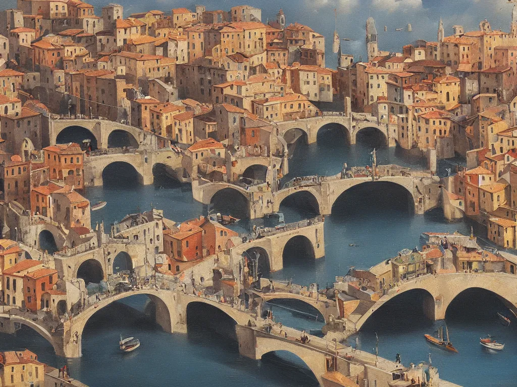 Image similar to A detailed oil painting of a beautiful Italian town and bridge by Michiel Schrijver, isometric