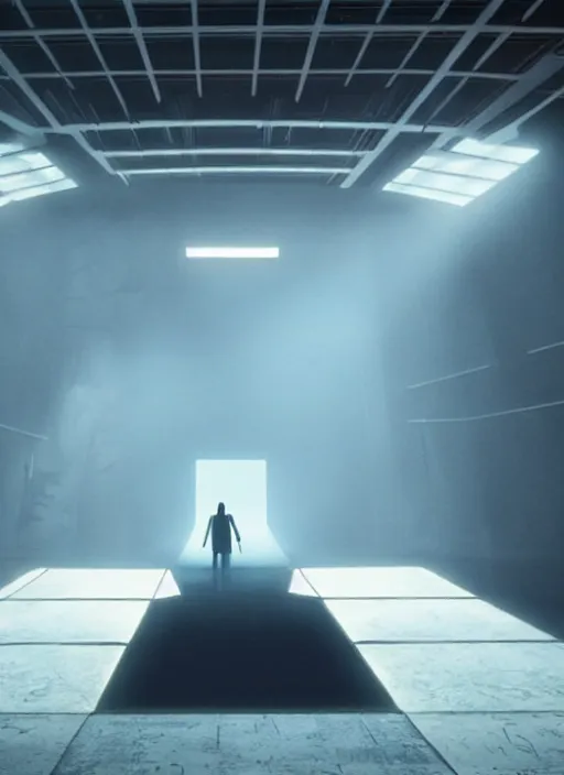 Image similar to a bright silhouette hovers above the ground inside of a hall. liminal, cozy, bladerunner 2 0 4 9 set design by alessandra querzola ( 1 9 8 8 )