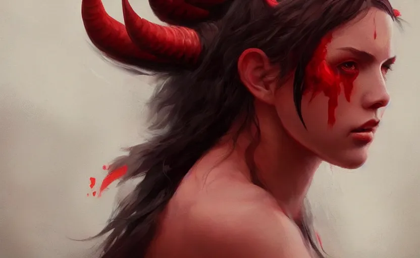 Prompt: a painting of aki trending on artstation in the style of greg rutkowski, beautiful, sensual, natural skin, red horns on head, long black hair