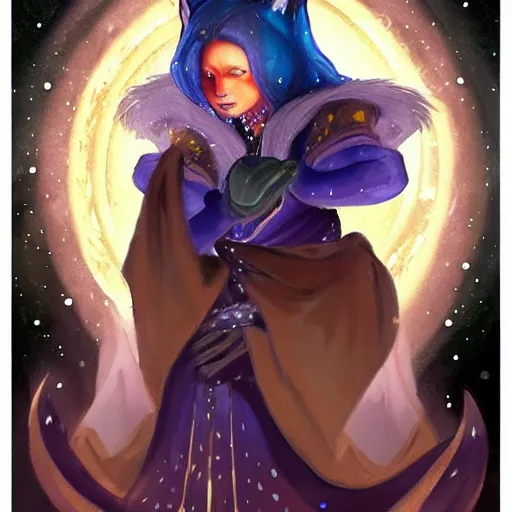 Prompt: a painted avatar portrait of an awesome cosmic powerful anthropomorphic kitsune fox mage themed around life and death and the stars and the cosmos and dressed in elegant elven mage robes, in the style of dnd beyond avatar portraits, beautiful, artistic, elegant, lens flare, magical, lens flare, nature, realism, stylized, art by jeff easley