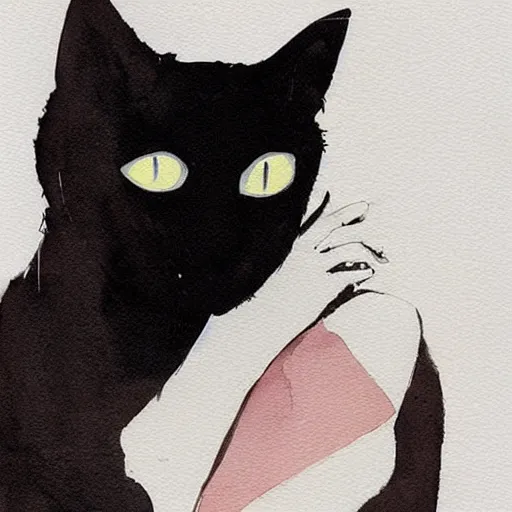 Prompt: Ciri holding a cat, art, minimalistic painting, watercolor on paper, high quality, by Conrad Roset, by Edgar Degas