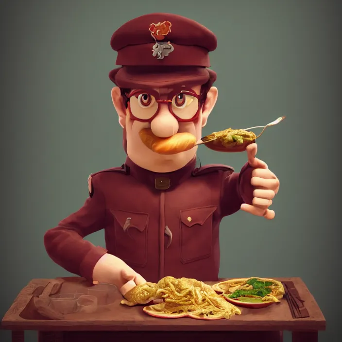 Image similar to postman pat devouring a bowl of worms, unreal engine, c 4 d, maya, museum ink painting, smooth, natural background, cinematic lighting, 8 k, artstation, concept art, aesthetic