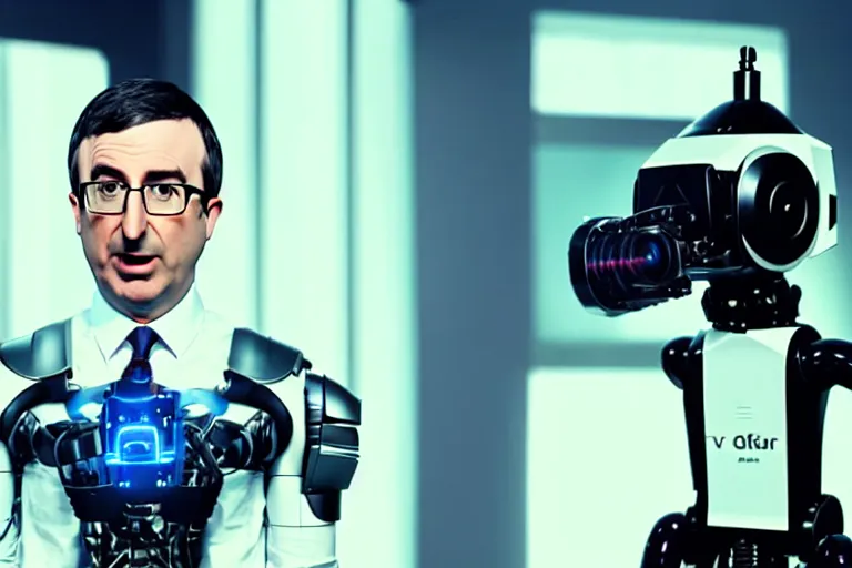 Image similar to vfx film closeup, john oliver interviewing a robot, flat color profile low - key lighting award winning photography arri alexa cinematography, hyper real photorealistic cinematic, atmospheric cool colorgrade