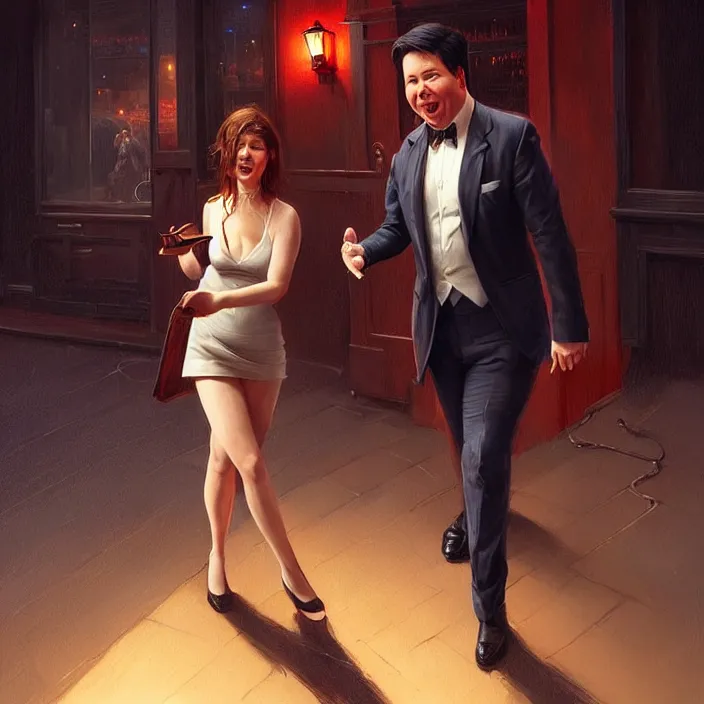 Image similar to michael mcintyre leaving a bar with with a singing waitress, elegant, real life skin, intricate artwork, high detailed, artstation, concept art, smooth, sharp focus, art by artgerm and greg rutkowski