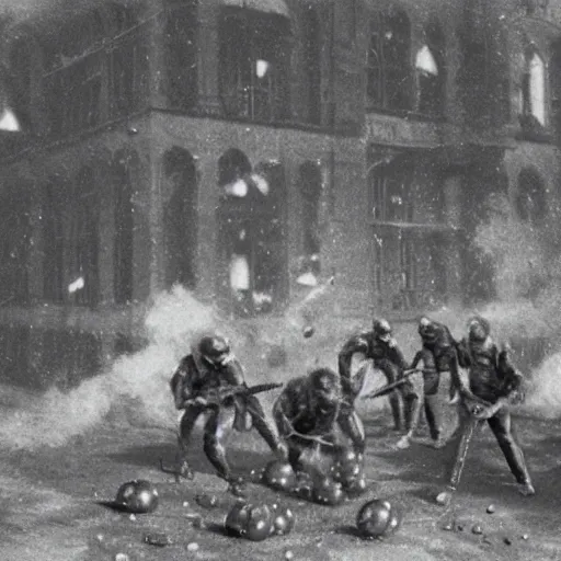 Prompt: grainy 1800s photo of a cybernetic warriors destroying buildings using energy balls in a smoky city